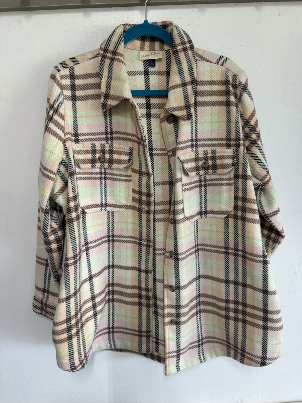 Universal Thread Cream Plaid Shacket with Brown & Pastel Accents